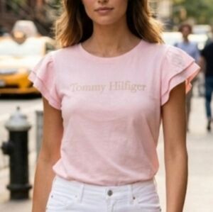 Tommy Hilfiger Women's Light Pink Flutter Ruffle Sleeve Top Shirt Size Large